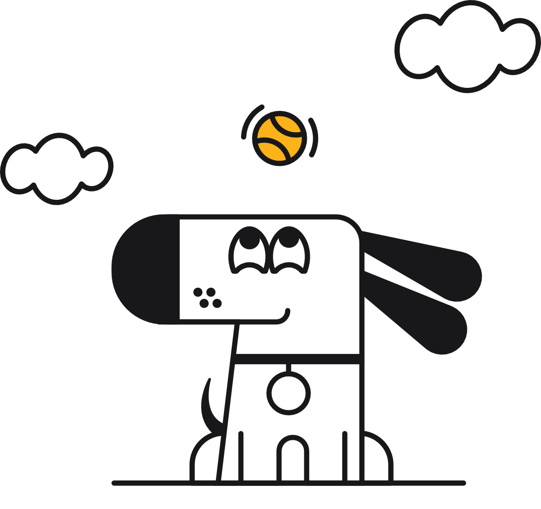 A line drawing of Kagi's mascot Doggo looking happily up at a tennis ball. Two clouds in the background.