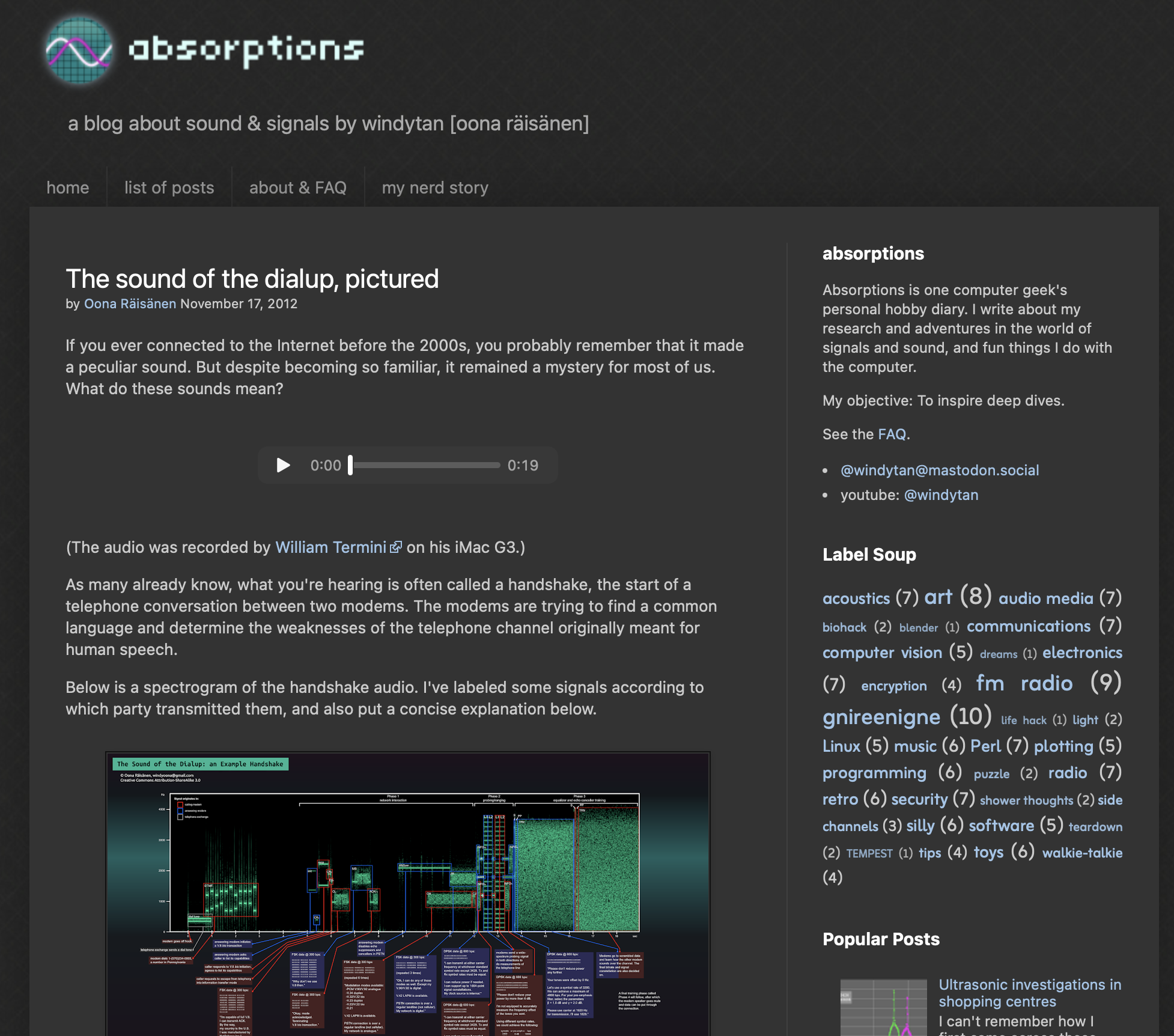 Screenshot of the windytan.com article about dialup modem sounds.